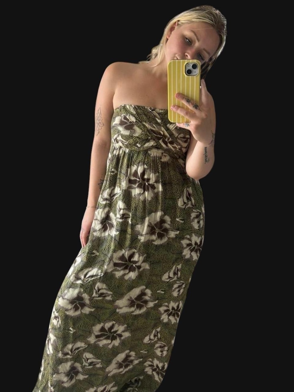 Anthropologie Olive Green Floral Strapless Maxi Dress